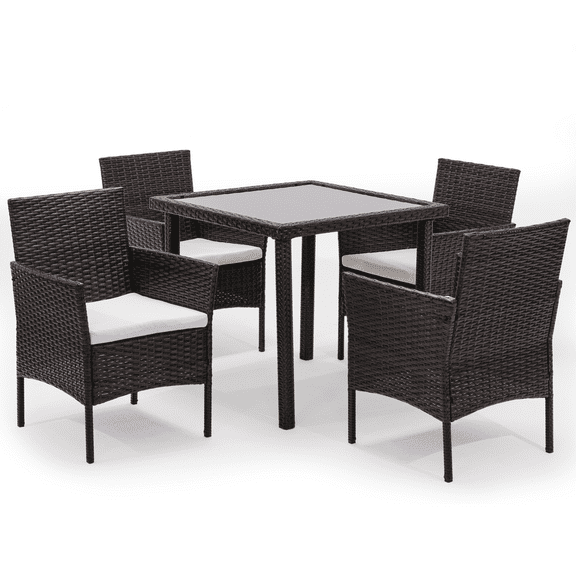 MoNiBloom 5 Piece Patio Outdoor Dining Set, Wicker Patio Furniture Set with 4 Rattan Chairs, Square Tempered Glass Table and Cushions for Patio Backyard, Brown