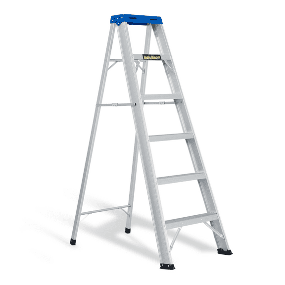 MoNiBloom 5 Step Ladder A-Frame Aluminum Alloy Ladder with Tool Tray, for Home Improvement, 331 lbs Capacity, Blue/Silver