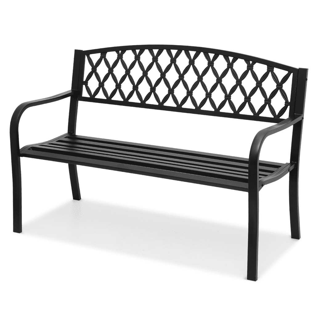 "MoNiBloom 50"" Black Cast Iron Garden Bench with Grid Pattern and Armrests"