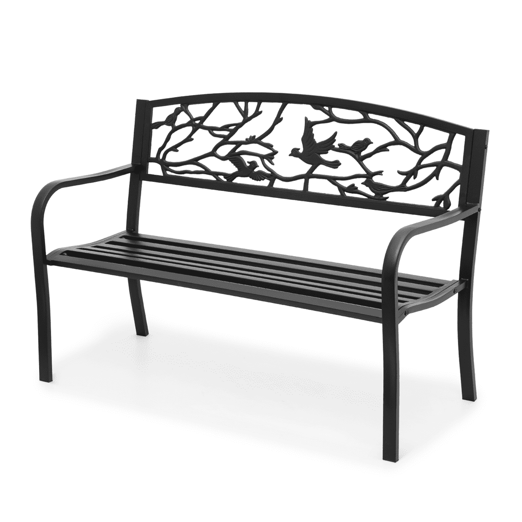 Black Cast Iron Outdoor Garden Bench with Bird Pattern Backrest