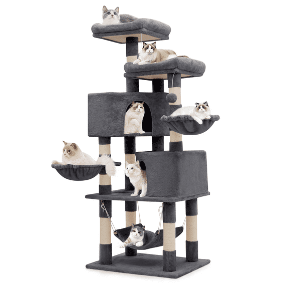 MoNiBloom 57.5" Multi-Level Cat Tower with Sisal Scratching Posts, 2 Hammock and Top Cat Perch for Fat Cats, Smoky Gray