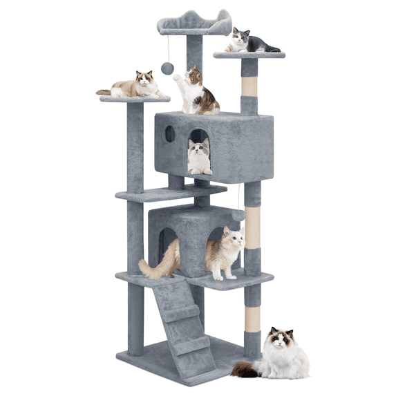 MoNiBloom 60" Cat Tree for Medium Heavy Cat, Multi-Level Cat Tree Tower with Anti-Tipping Rope, Light Gray