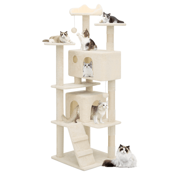 MoNiBloom 60" Cat Tree for Large Heavy Cat, Multi-Level Cat Tree Tower with Condos Padded, Beige