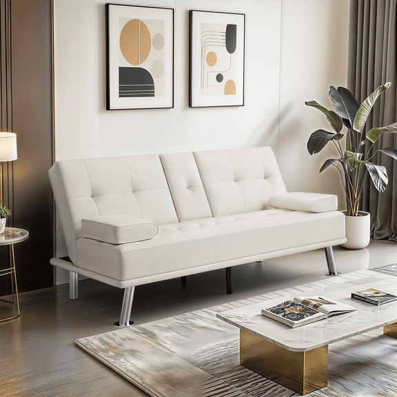 MoNiBloom 65" PU Leather Sleeper Sofa Bed | Reclining Futon with Cup Holders & Removable Arms | 600 lbs Capacity, White