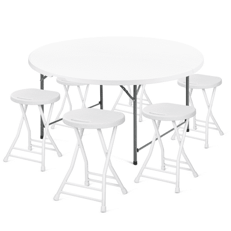 MoNiBloom 7 Pieces 4.5 FT Folding Round Table and Chair Set, Event Wedding Card Desk with Handle and Foldable Steel Stools, White