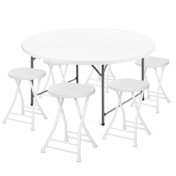 MoNiBloom 7 Pieces 4.5 FT Folding Round Table and Chair Set, Event Wedding Card Desk with Handle and Foldable Steel Stools, White