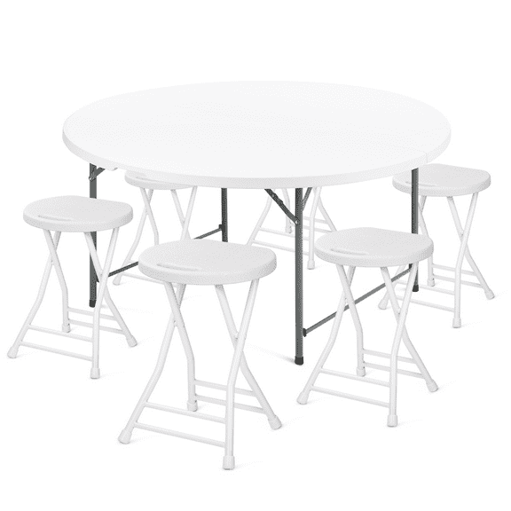 MoNiBloom 7 Pieces 4.5 FT Folding Round Table and Chair Set, Event Wedding Card Desk with Handle and Foldable Steel Stools, White