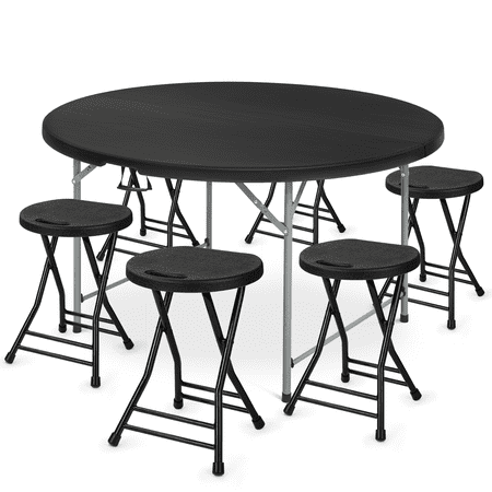 MoNiBloom 1 x 5 FT Folding Round Table and 6 x Chairs, Event Party Card Desk with Handle and Foldable Steel Stools