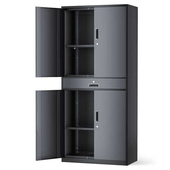 MoNiBloom 71" Metal Garage Storage Cabinet with Locking Doors & Drawer, Adjustable Shelves for Home, Office, Grey Black