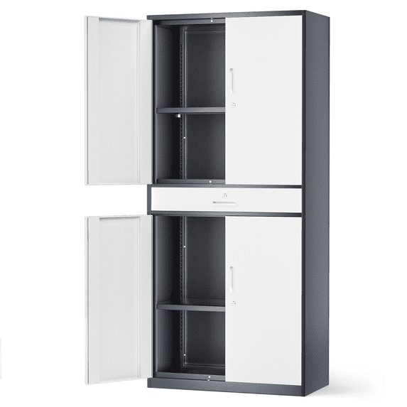 MoNiBloom 71" Metal Garage Storage Cabinet with Locking Doors & Drawer, Adjustable Shelves for Home, Office, Grey White