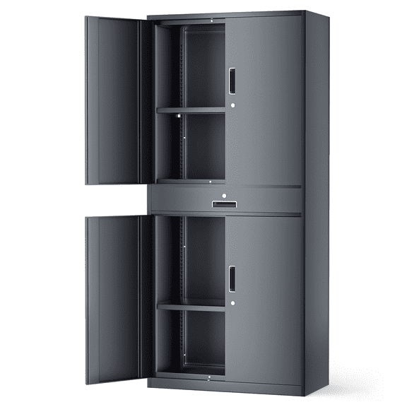 MoNiBloom 71" Metal Garage Storage Cabinet with Locking Doors & Drawer, Adjustable Shelves for Home, Office, Grey