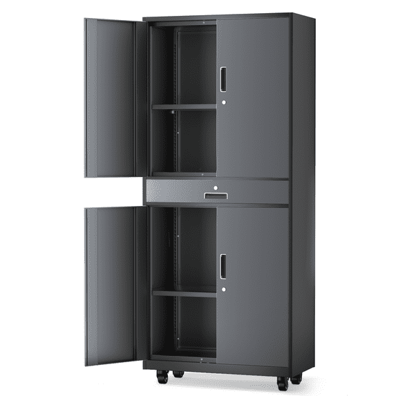 MoNiBloom 73" Metal Garage Storage Cabinet with Locking Doors & Drawer, Adjustable Shelves for Home, Office, Grey Black