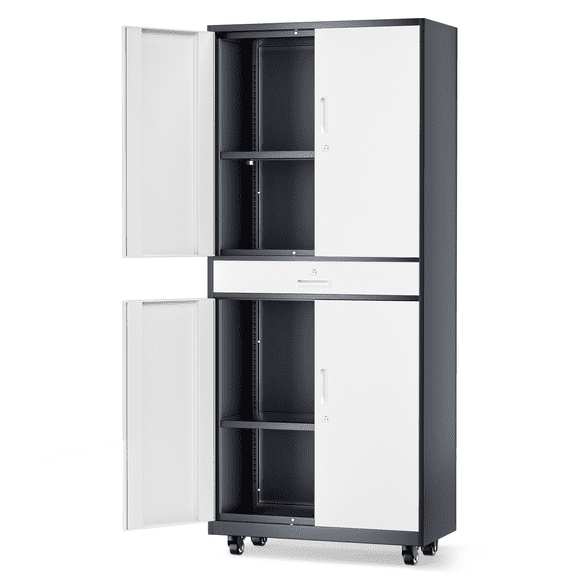 MoNiBloom 73" Metal Garage Storage Cabinet with Locking Doors & Drawer, Adjustable Shelves for Home, Office, Grey White