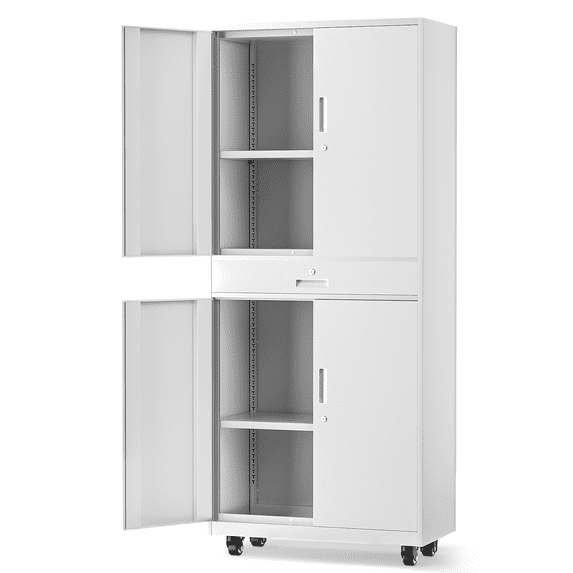 MoNiBloom 73" Metal Garage Storage Cabinet with Locking Doors & Drawer, Adjustable Shelves for Home, Office, White