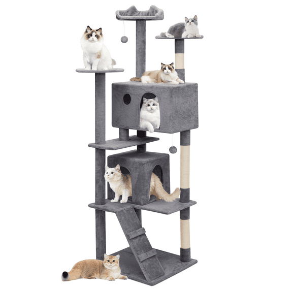 MoNiBloom 77" Cat Tree & Cat Condo Scratching Post Tower with Top Cat Perch and Cat Caves, Smoky Gray