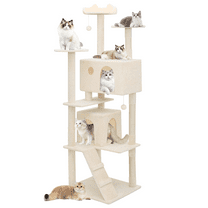 MoNiBloom 77-in Cat Tree & Kittens Play House, Multi-Level Plush Cat Condo for Indoor Cats, Beige