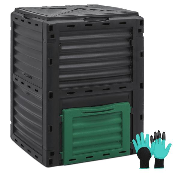 MoNiBloom 80 Gallon Outdoor Compost Bin with Gloves, Composter Box with Snap-on Top Lid and Aeration System, Garden Compost Barrel Tumbler, BPA Free, Black/Green