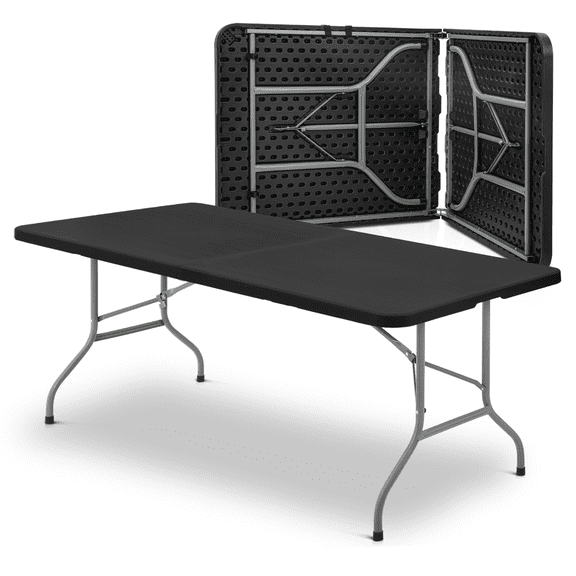 MoNiBloom 8FT Outdoor Dining Table Plastic Folding Table Rectangle Camping Desk for Outdoor Party BBQ Camping with Carrying Handle, Black