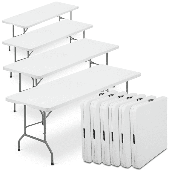 MoNiBloom 8Ft Folding Card Table Set of 10, Indoor Outdoor Portable Plastic Picnic Desk with Steel Legs and Handle, White