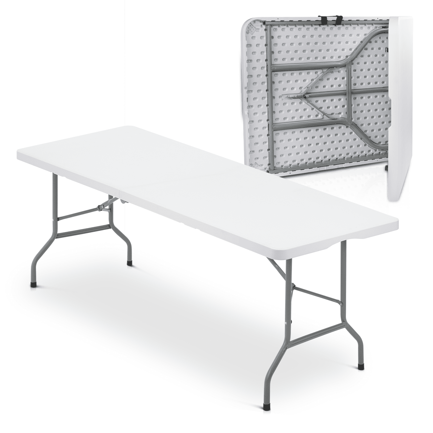 MoNiBloom 8Ft Folding Heavy Duty Table, Indoor Outdoor Portable Rectangle  Plastic Picnic Desk with Steel Frame and Handle, White 