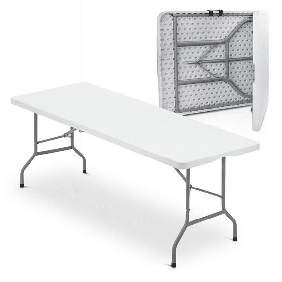 MoNiBloom 8Ft Folding Heavy Duty Table, Indoor Outdoor Portable Rectangle Plastic Picnic Desk with Steel Frame and Handle, White