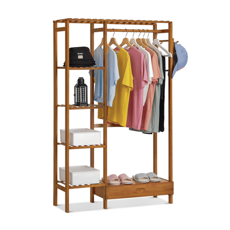 MoNiBloom Bamboo 1 Drawer Hat Hooks Coat Pants Rack, Closet Organizer Wardrobe, Brown, for Bedroom