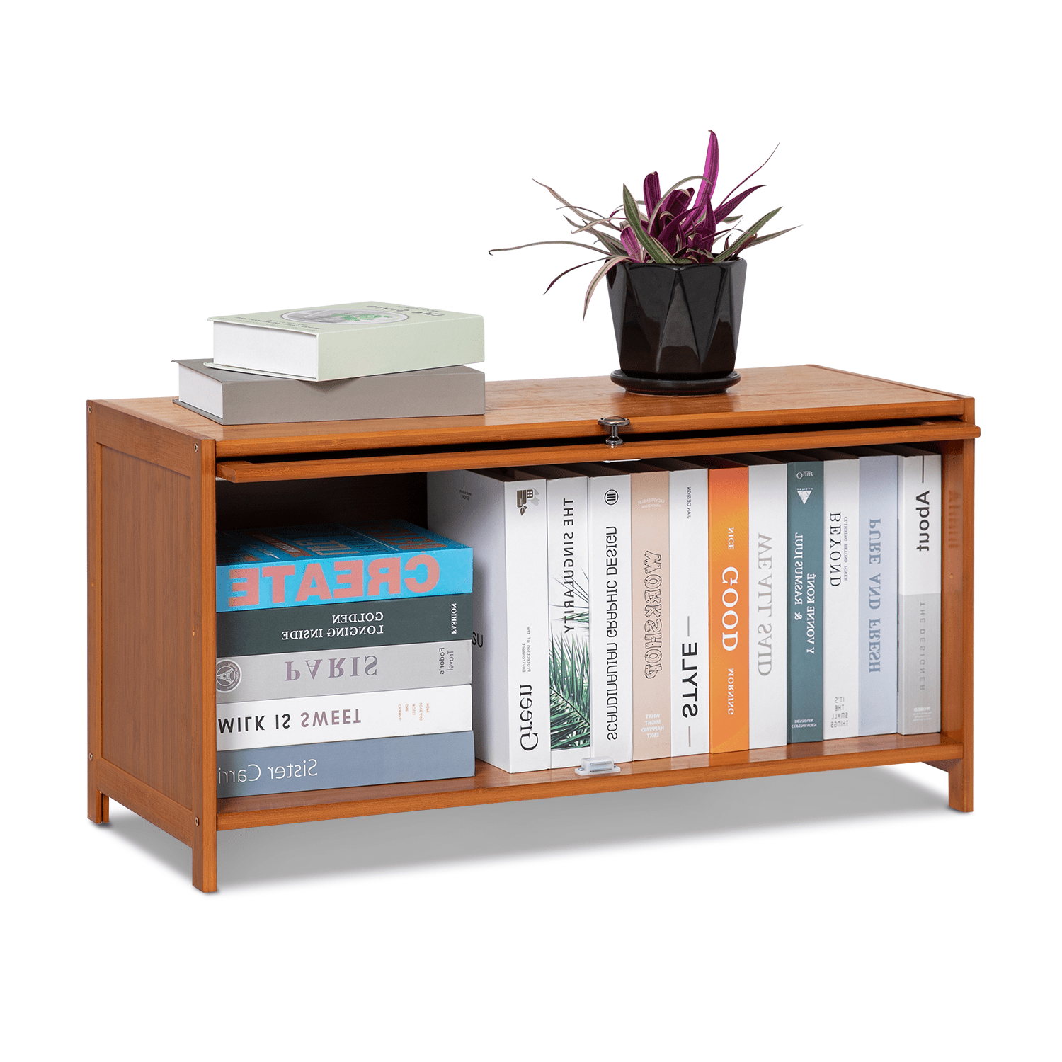 Brown Bamboo Rectangular Bookcase with Flip Doors