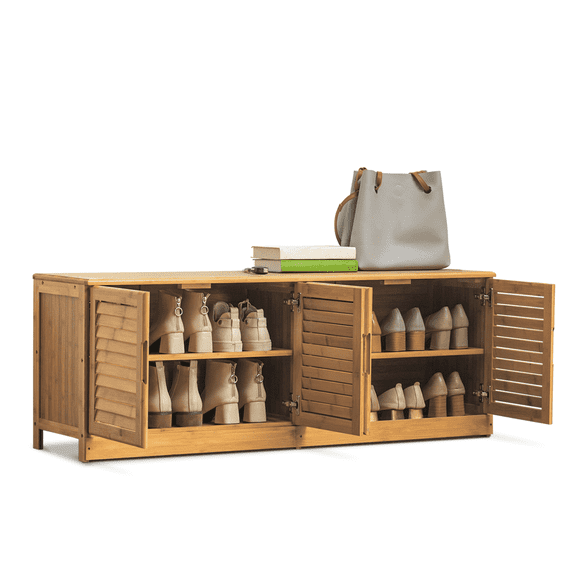 MoNiBloom Bamboo 2 Tiers 12 Pairs Blind with Door Storage Shoes Rack, Natural, for Home Indoor