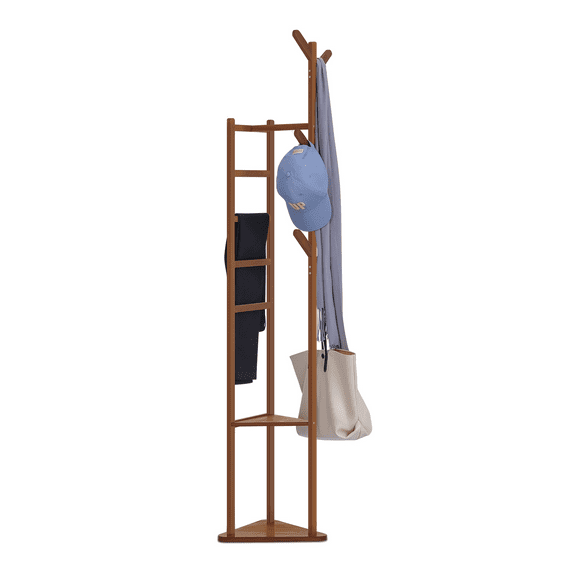 MoNiBloom Bamboo 2 Tiers Hat Hooks Modern Coat Pants Rack, Clothes Storage Stand, Brown, for Entryway