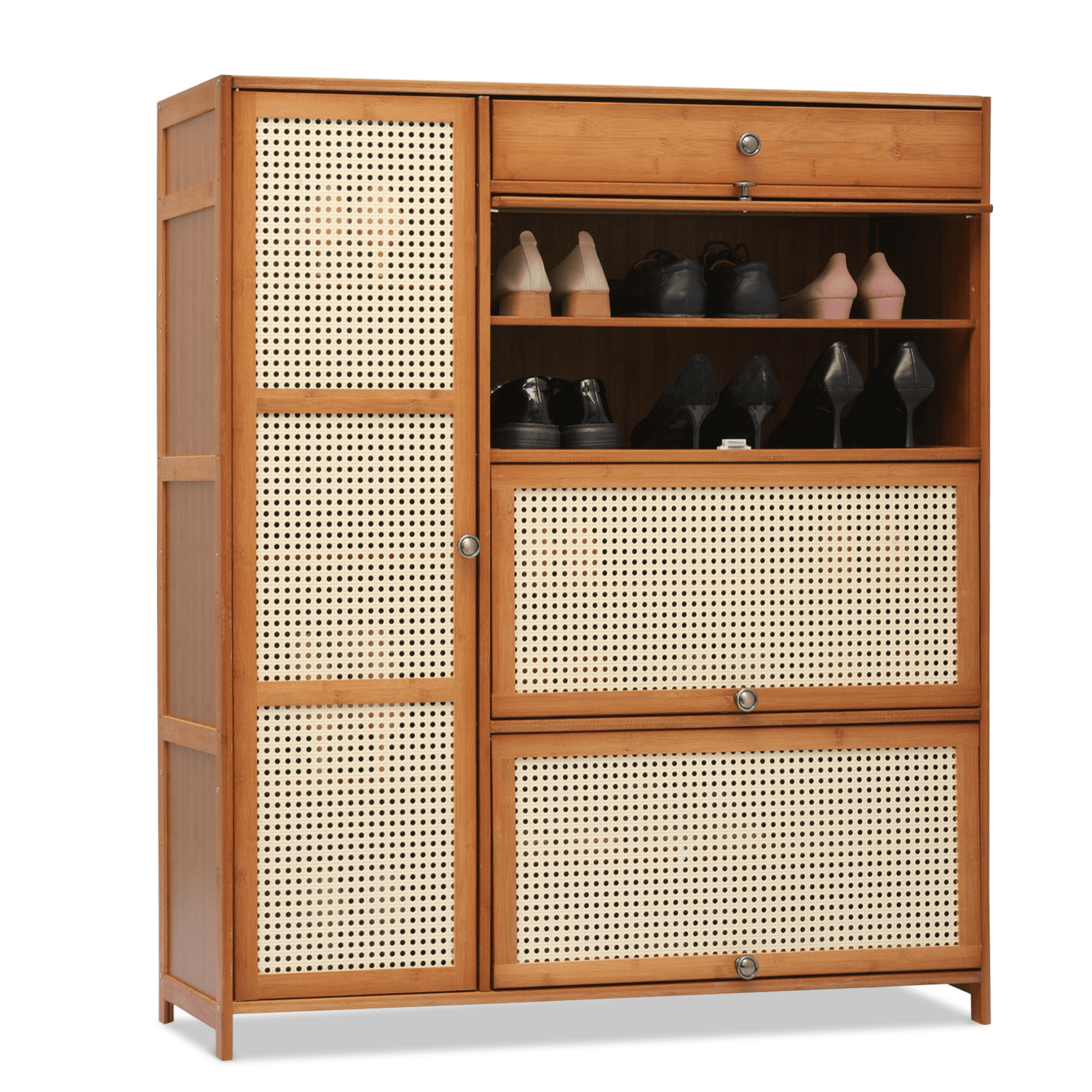 Bamboo and Rattan 4-Door Shoe Cabinet with Drawers