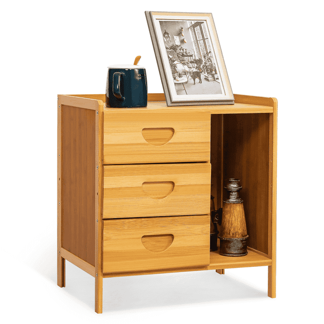 MoNiBloom Bamboo 3 Tiers 3 Drawers Beside Table, Modern Nightstand, Natural, for Bedroom