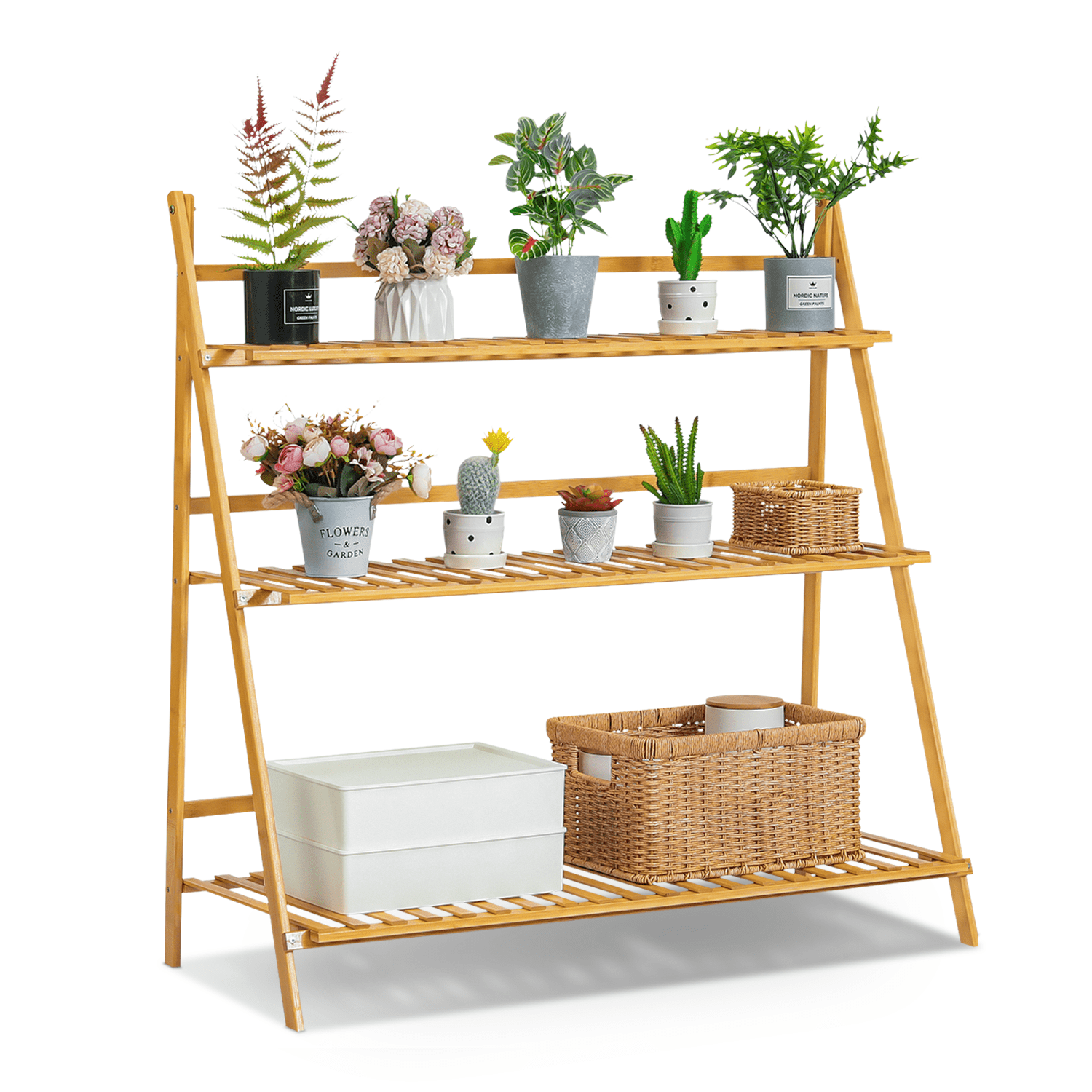 Natural Bamboo 3-Tier Folding Plant Stand for Garden