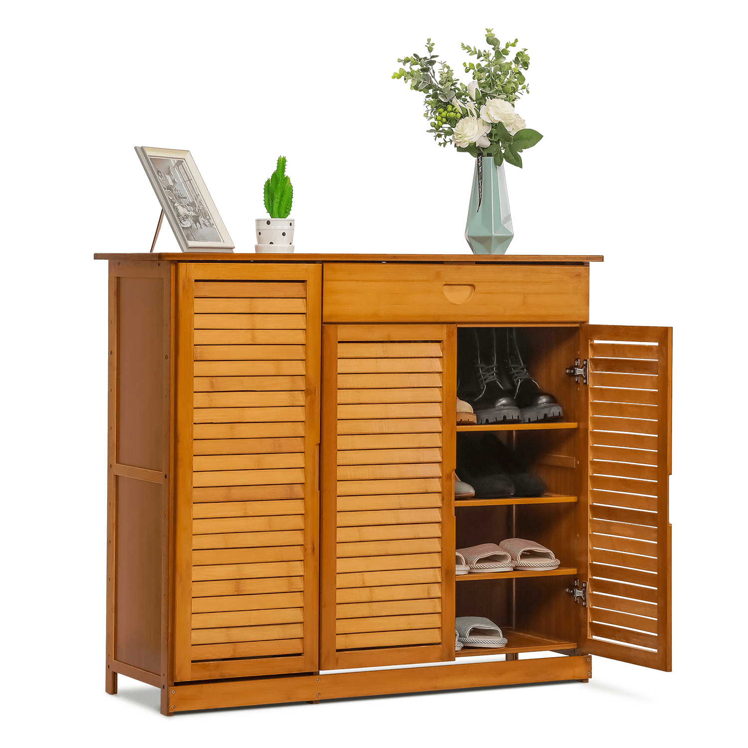 Brown Bamboo 4-Tier Shoe Cabinet with Drawer
