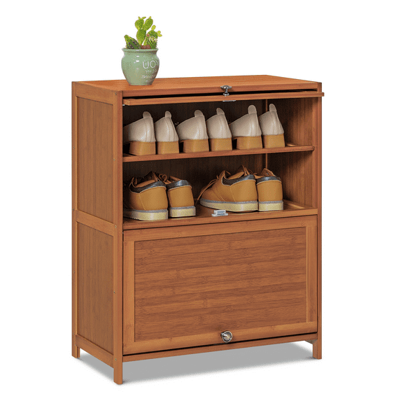 MoNiBloom Bamboo 4 Tiers 12 Pairs Shoes Cabinet Organizer Cabinet, Brown, for Entryway