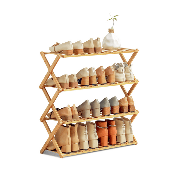 MoNiBloom Bamboo 4 Tiers 16 Pairs Folding Installation-Free Shoes Rack, Storage Stand, Natural, for Entryway