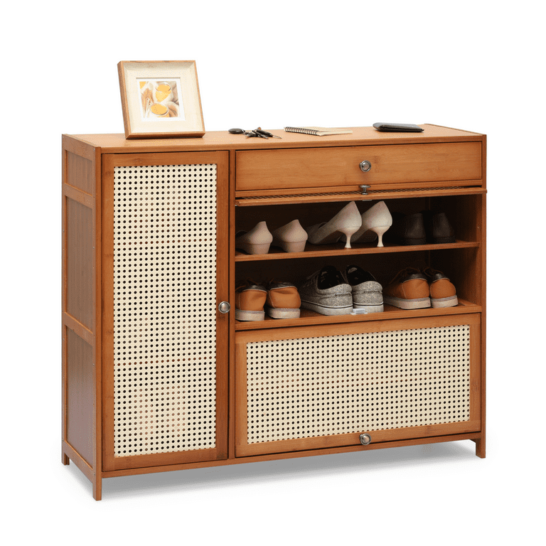 MoNiBloom Bamboo 4 Tiers Shoe Cabinet 19 Pairs Heels Boots Storage Cabinet with Flip Up Rattan Doors Shoe Rack Organizer with Drawer and Shelves Brown Walmart