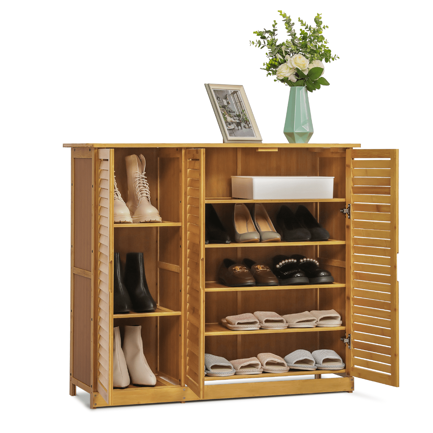 YITAHOME Shoe Cabinet with Doors, 5-Tier Shoe Storage Cabinet with Open Shelves, Large Capacity Wooden Shoes Rack Organizer with Pine Wood Legs for