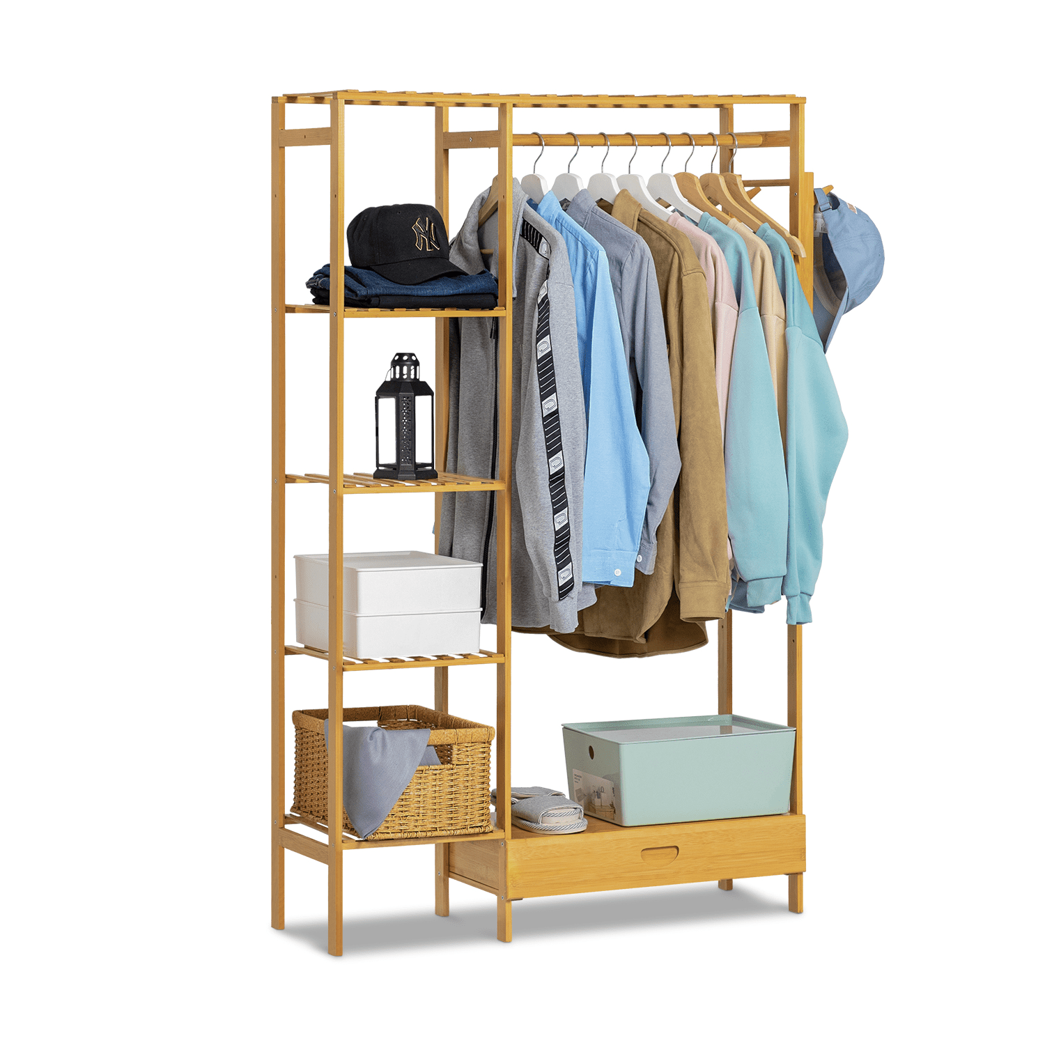Natural Bamboo Kids Clothing Rack with Drawer and Shelves