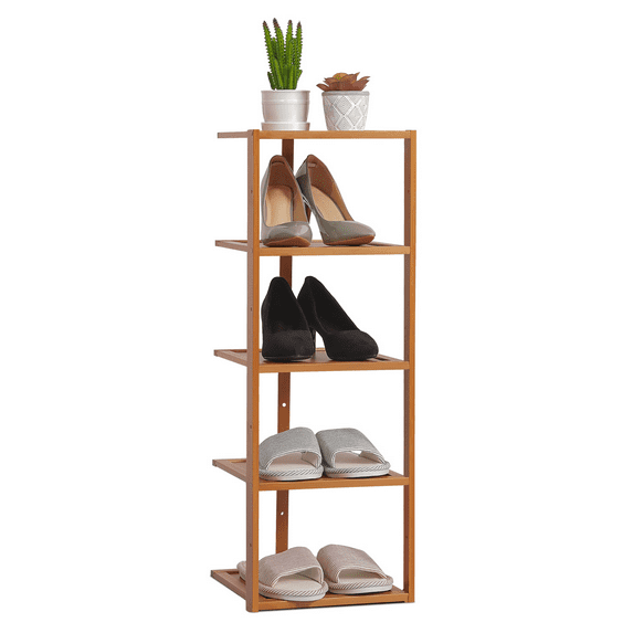 MoNiBloom Bamboo 5 Tiers 5 Pairs Adjustable Shoes Rack, Storage Stand, Brown, for Entryway