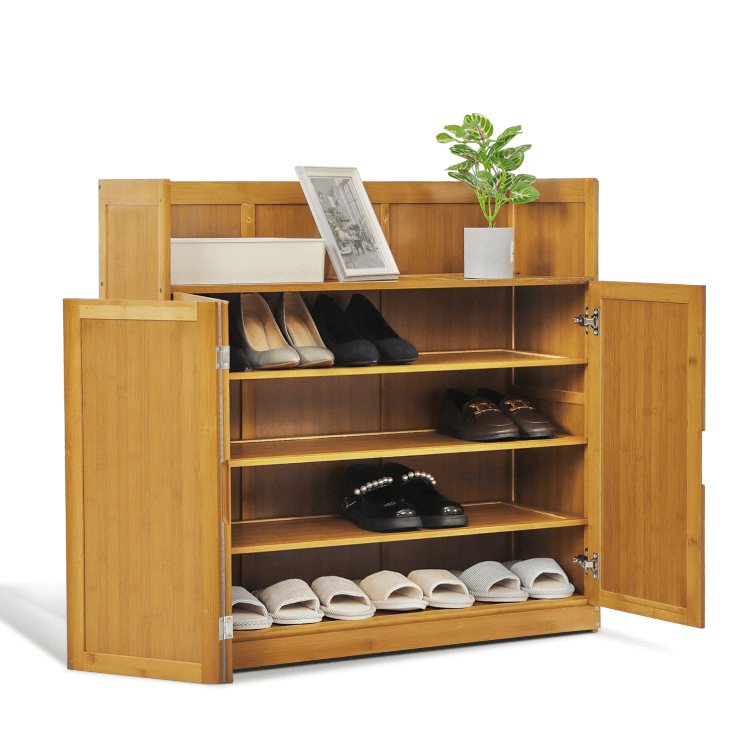 MoNiBloom Bamboo 5 Tiers Shoes Cabinet with Door 16 Pairs Organizer Rack Brown for Entryway