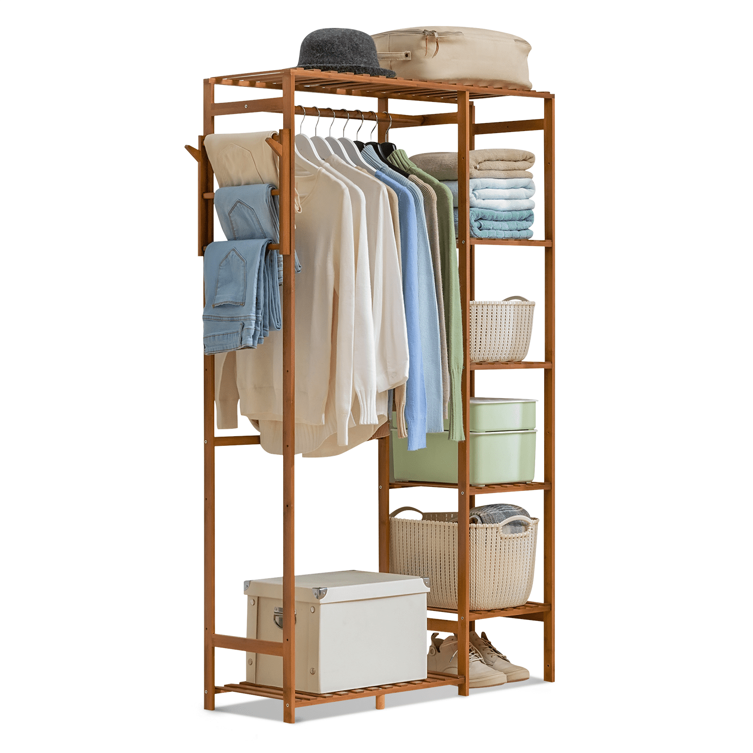 MoNiBloom Bamboo 6-Tier Coat Pants Rack, Double Storage Shelf