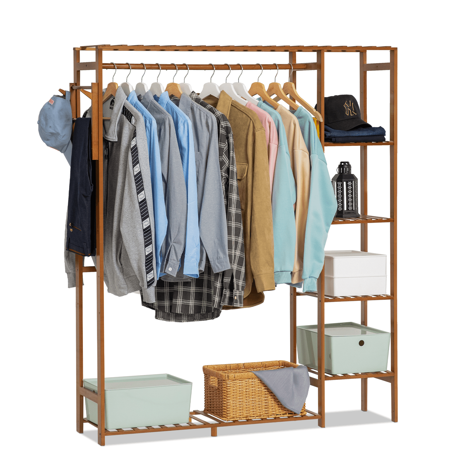 MoNiBloom Bamboo 6 Tiers Modern Coat Rack with a Hanging Rob, Brown, Storage for Bedroom Living Room