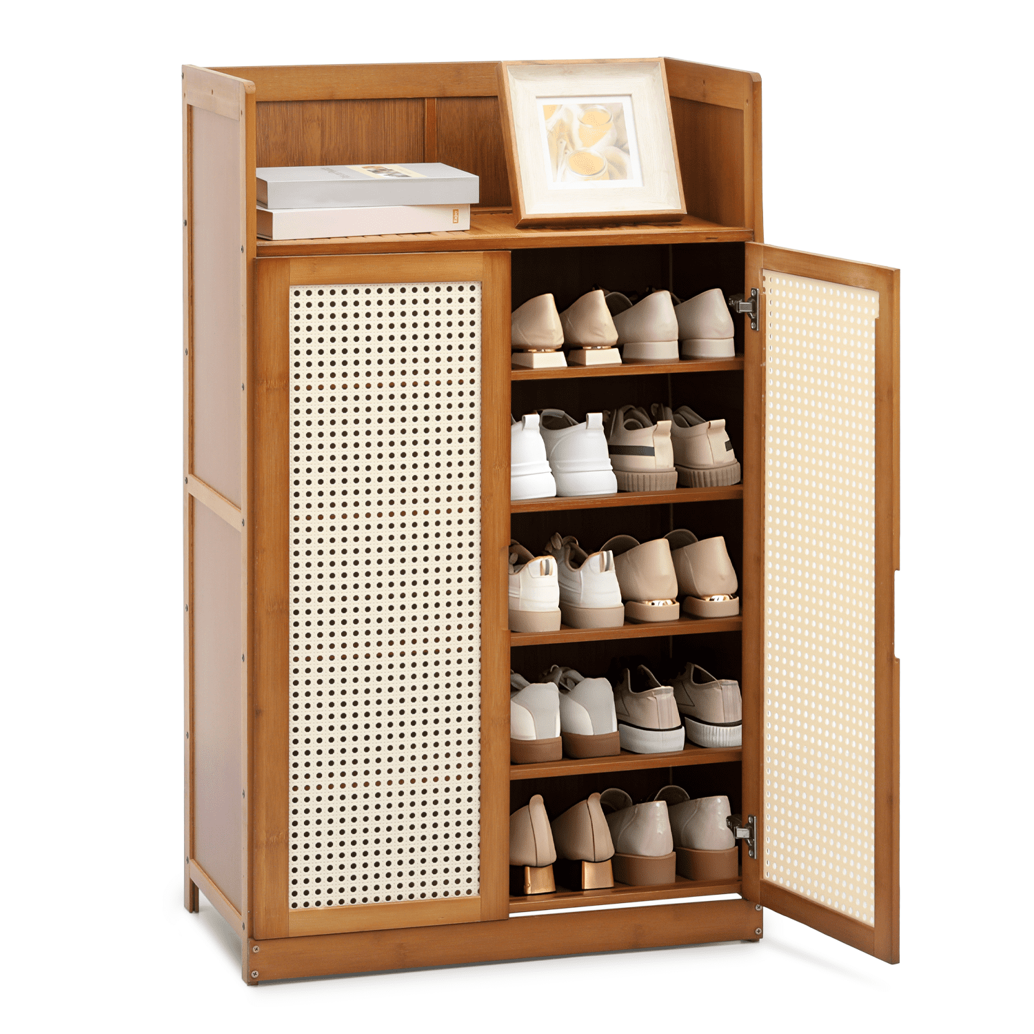 MoNiBloom Bamboo 6-Tiers Shoe Cabinet, 20 Pairs Heels Sneakers Storage Cabinet with ABS Rattan Doors, Shoe Rack Organizer with Wide Countertop and Shelves, Brown