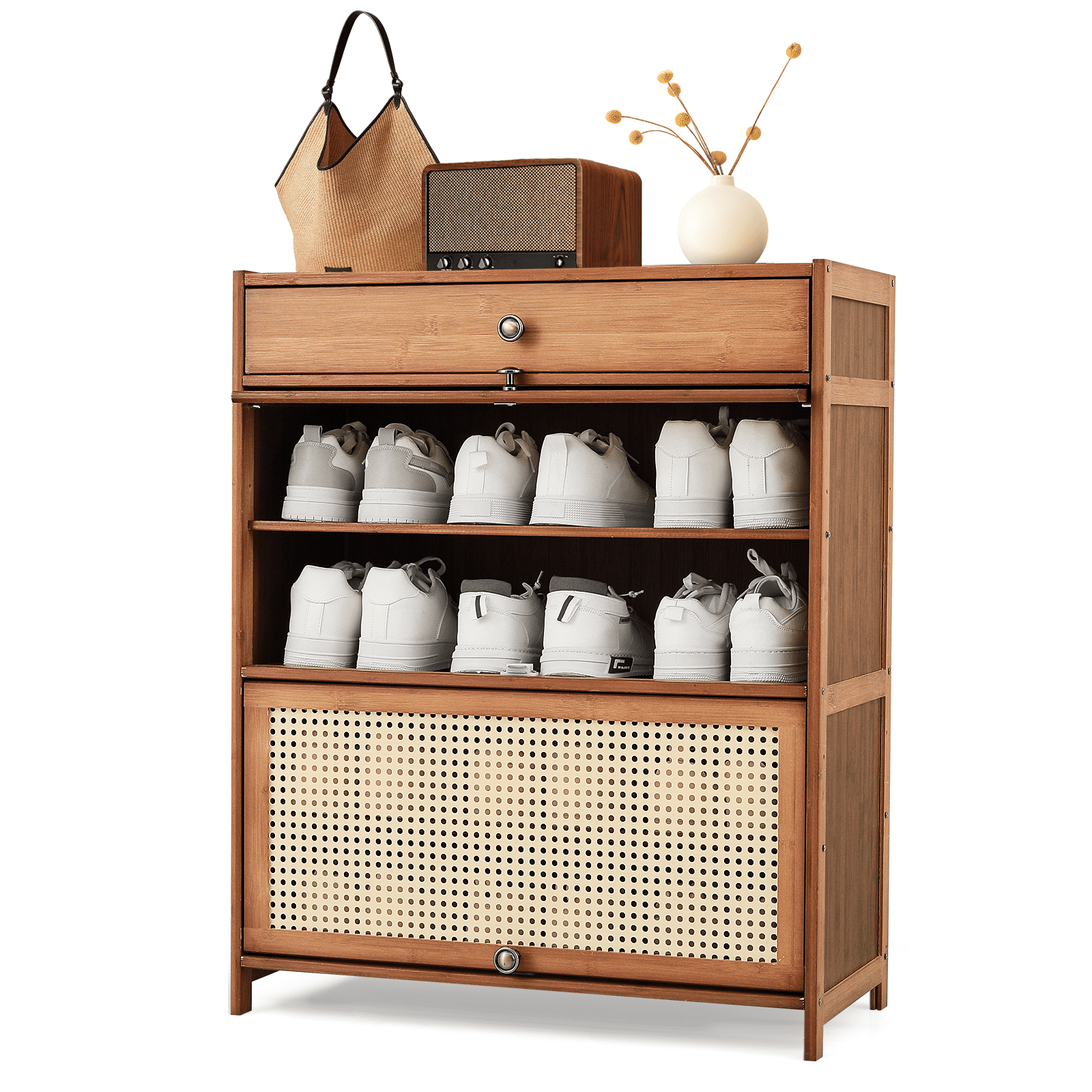 Brown Bamboo Freestanding Shoe Cabinet with Rattan Doors and Drawer