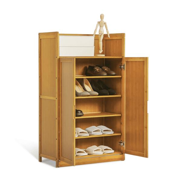 MoNiBloom Bamboo 6 Tiers Shoes Rack with Door, 15 Pairs Organizer Cabinet, Brown, for Entryway