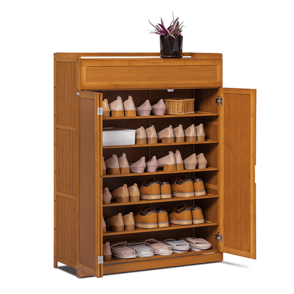 MoNiBloom Bamboo 7 Tier Organizer Cabinet with Folding Door, 35 Pairs of Shoes Rack, Brown, for Home