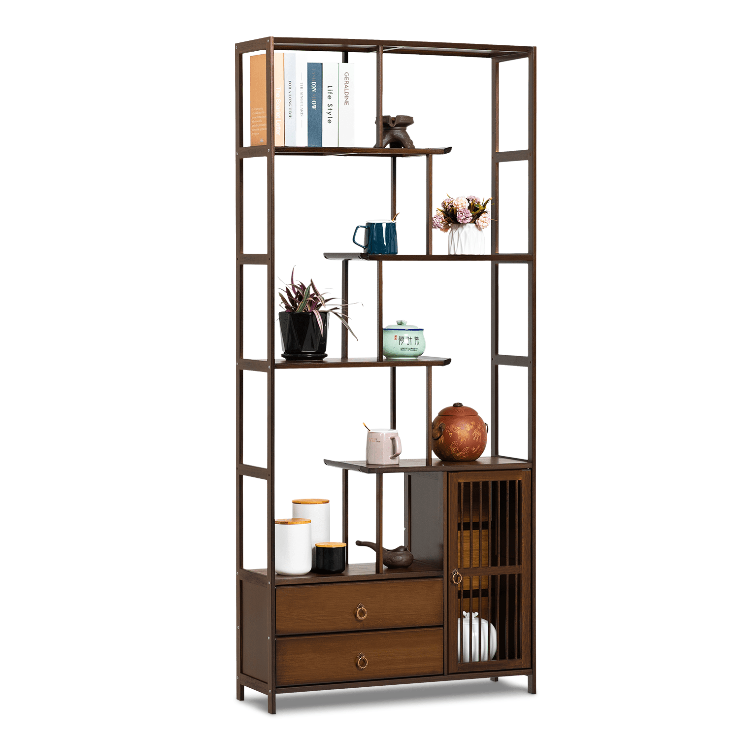 MoNiBloom Brown Bamboo 7-Tier Freestanding Bookcase with Drawers
