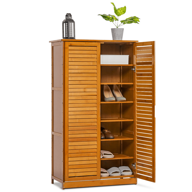 MoNiBloom Bamboo 7 Tiers 21 Pairs Shoes Rack with Door, Storage Cabinet, Brown, for Entryway