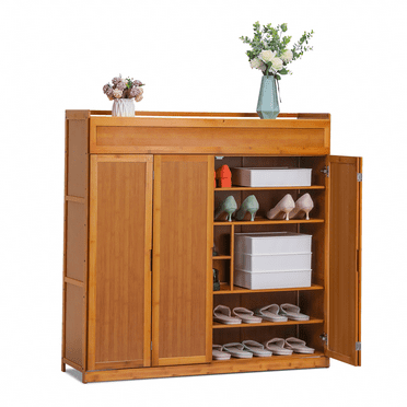 MoNiBloom Bamboo 7 Tiers 43 Pairs Shoes Cabinet with Door, Storage Shelf, Brown, for Entryway