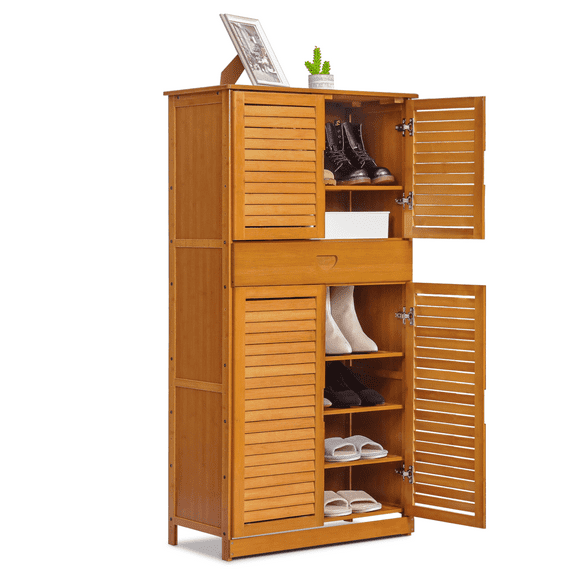 MoNiBloom Bamboo 8 Tiers 1 Drawer 21 Pairs Shoes Rack with Door, Organizer Cabinet, Natural, for Home